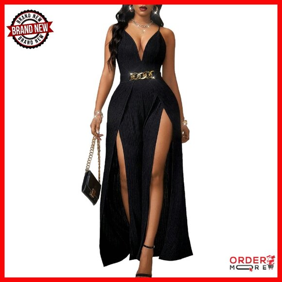 Pants - Sleeveless V-Neck Jumpsuit with Metal Belt High Waisted Slit